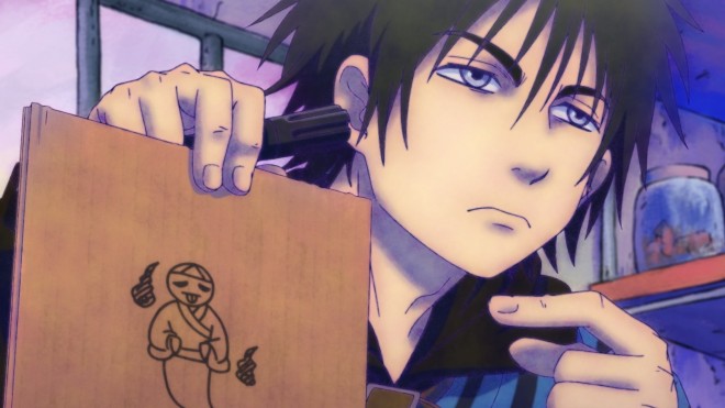 Scene cut from Dekin no Mogura, featuring Maggie-kun and Sukekiyo as voiced by Aki Toyosaki and Mafia Kajita.